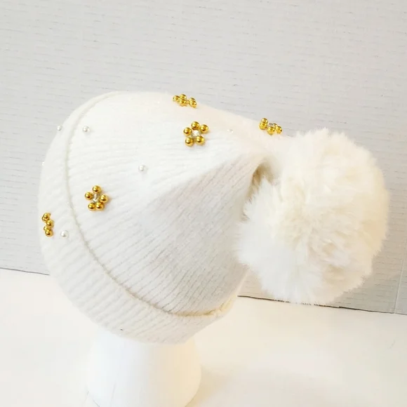 INC Ivory Faux Fur Pom & Pearl Beanie Hat One Size Fit All - Picture 3 of 5